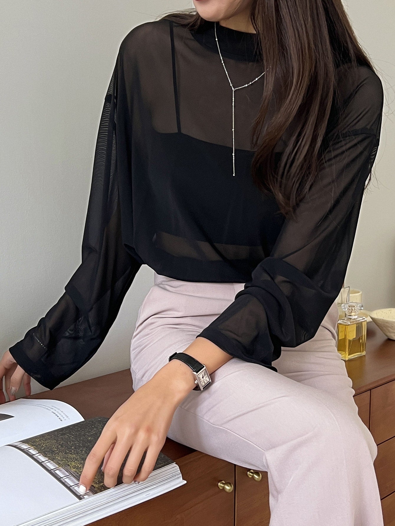 Buy SHEIN DAZY Mock Neck Drop Shoulder Sheer Top Without Tube Top in Pakistan