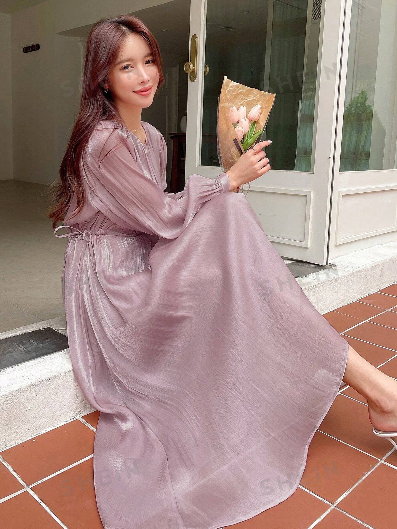 Buy SHEIN DAZY Solid Bishop Sleeve A-line Dress in Pakistan