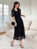 Buy SHEIN DAZY Square Neck Puff Sleeve Lace Overlay Dress in Pakistan