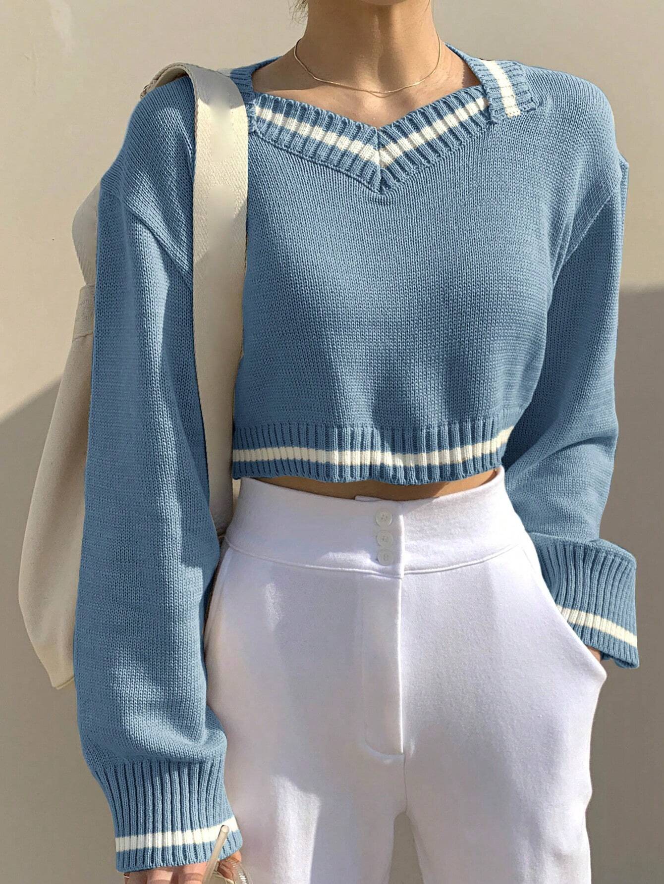 Buy SHEIN DAZY Women's Colorblock Patchwork Cropped Pullover Sweater in Pakistan