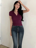 Buy SHEIN DAZY Women's Solid Color Lapel Short Sleeve V-Neck Simple Tight Polo Neck T-Shirt in Pakistan