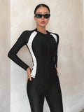 Buy SHEIN DAZY Women's Sporty Swimwear Jacket, Black And White Color Block Long Sleeve Zipper Swim Coat, Conservative Sun-Protective Slim-Fit Swimming Jacket, Suitable For Vacation Diving (Without Pants) Summer in Pakistan