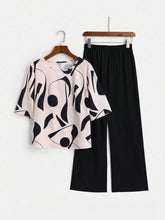 Buy SHEIN EMERY ROSE 2pcs Women Geometric Print Round Neck Short Sleeve Top And Wide Leg Pants Regular Casual Suit Set in Pakistan