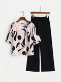 Buy SHEIN EMERY ROSE 2pcs Women Geometric Print Round Neck Short Sleeve Top And Wide Leg Pants Regular Casual Suit Set in Pakistan