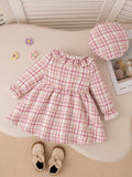 Buy SHEIN Baby Girl Cute Pink Plaid Lace Collar & Bowknot Dress With Beret Cap Outfit in Pakistan