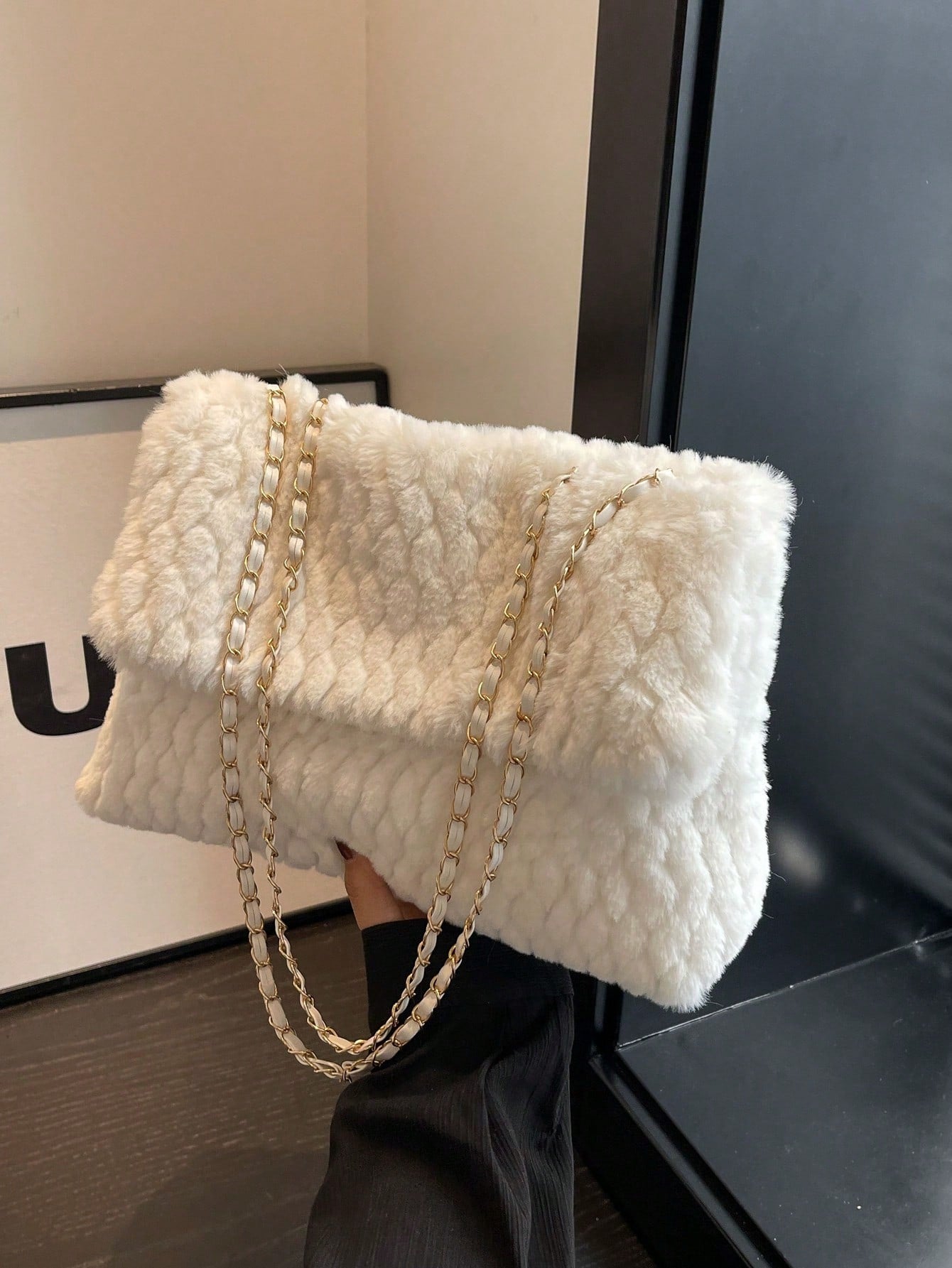 Buy SHEIN Fashionable Solid Color Furry Metal Chain Shoulder Bag in Pakistan