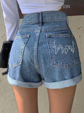 Buy SHEIN Fire Embroidery Roll Up Hem Denim Shorts in Pakistan