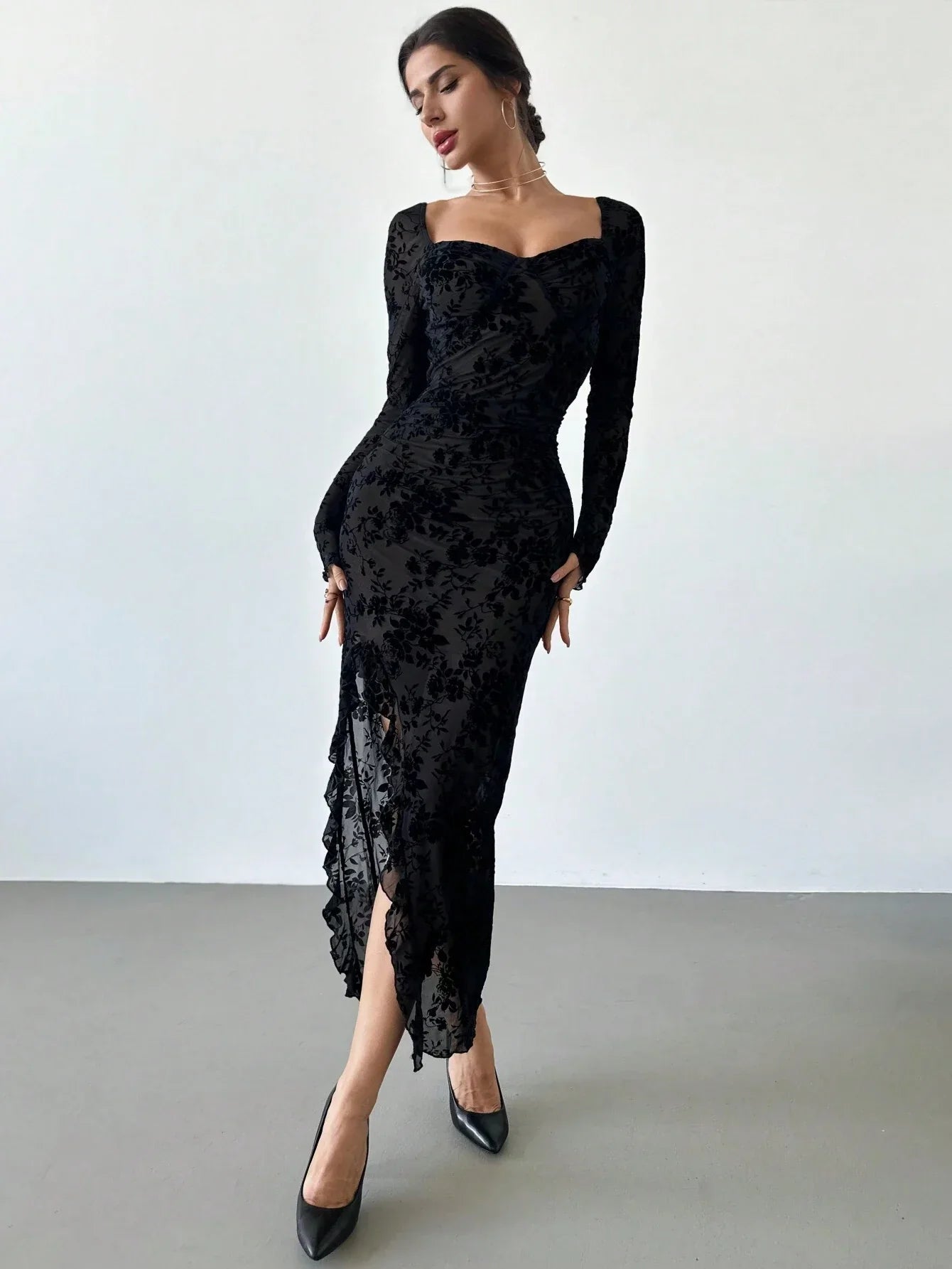 Buy SHEIN Firerie New Autumn/Winter Elegant Floral Flocked Square Neck Ruched & Slit Ruffle Hem Slimming Dress in Pakistan