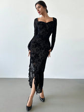 Buy SHEIN Firerie New Autumn/Winter Elegant Floral Flocked Square Neck Ruched & Slit Ruffle Hem Slimming Dress in Pakistan