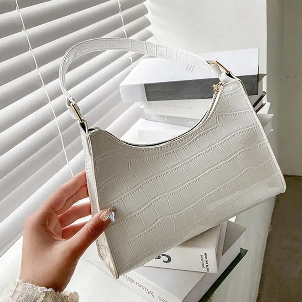 Buy Orb & Gravel Leather Baguette White Bag in Pakistan