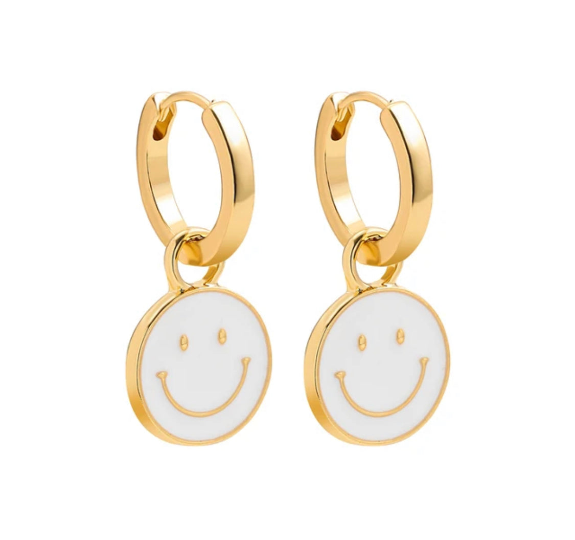 Buy Orb & Gravel Smiley White Huggie Hoop Gold in Pakistan