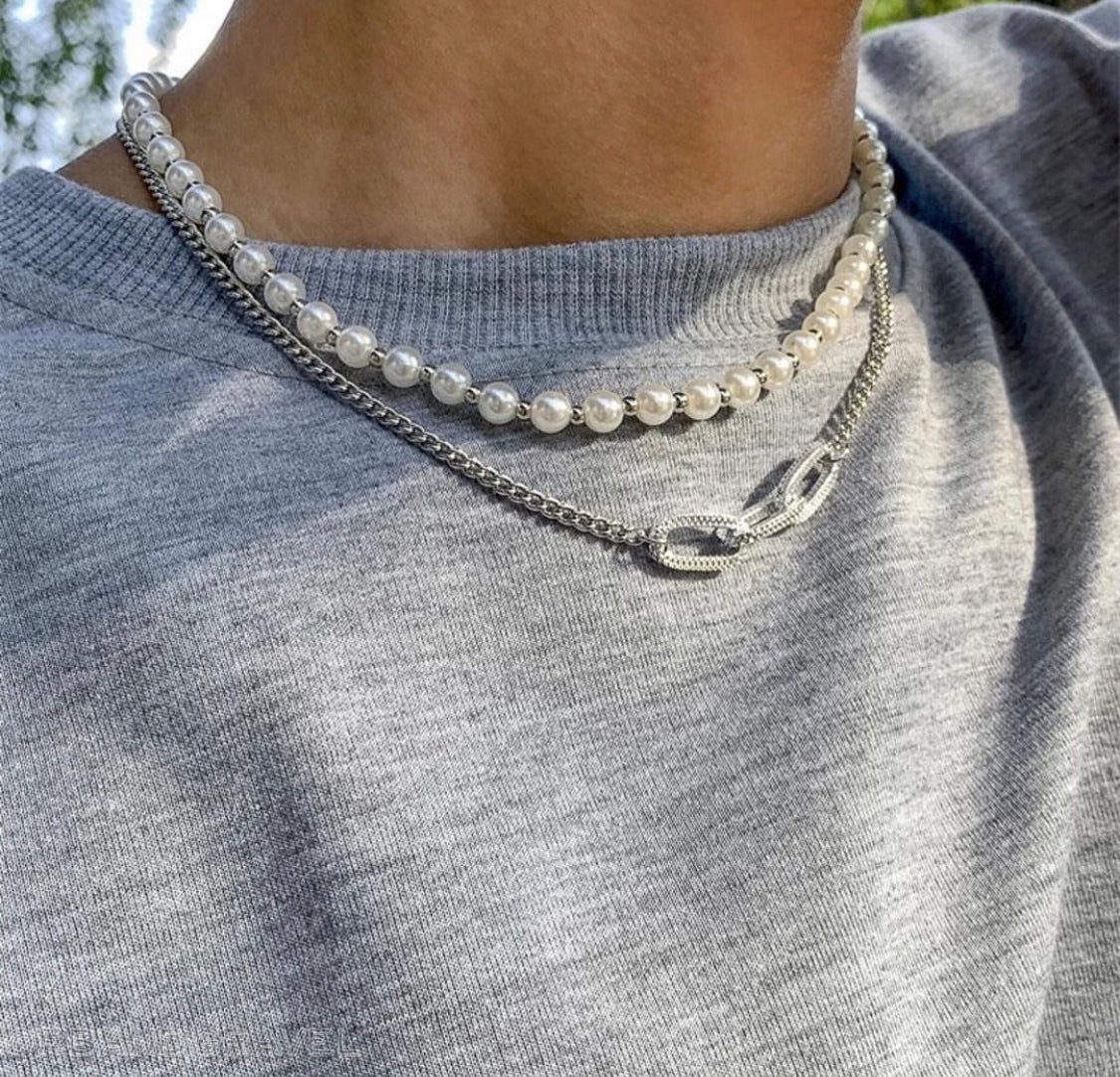 Buy Orb & Gravel Layered Pearls Chain Set Silver in Pakistan