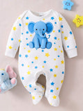 Buy SHEIN Infant & Toddler Boys' White Base Cute Blue Elephant Print Long Sleeve Footed Jumpsuit, Loungewear in Pakistan