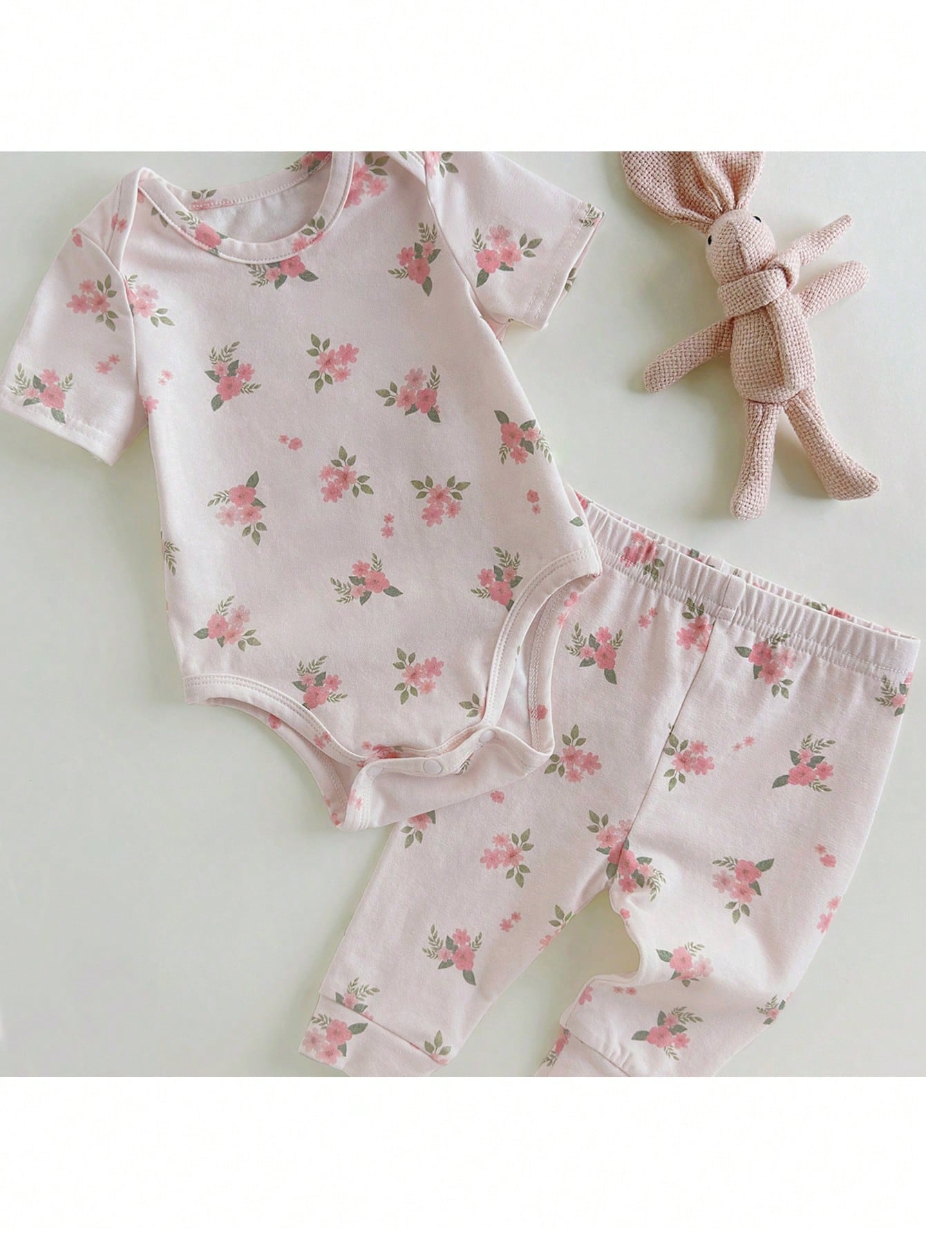 Buy SHEIN Loomiva Newborn Baby Floral Print Soft Knitted Crew Neck Short Sleeve Romper With Elastic Waist Pants 2Pcs Set in Pakistan