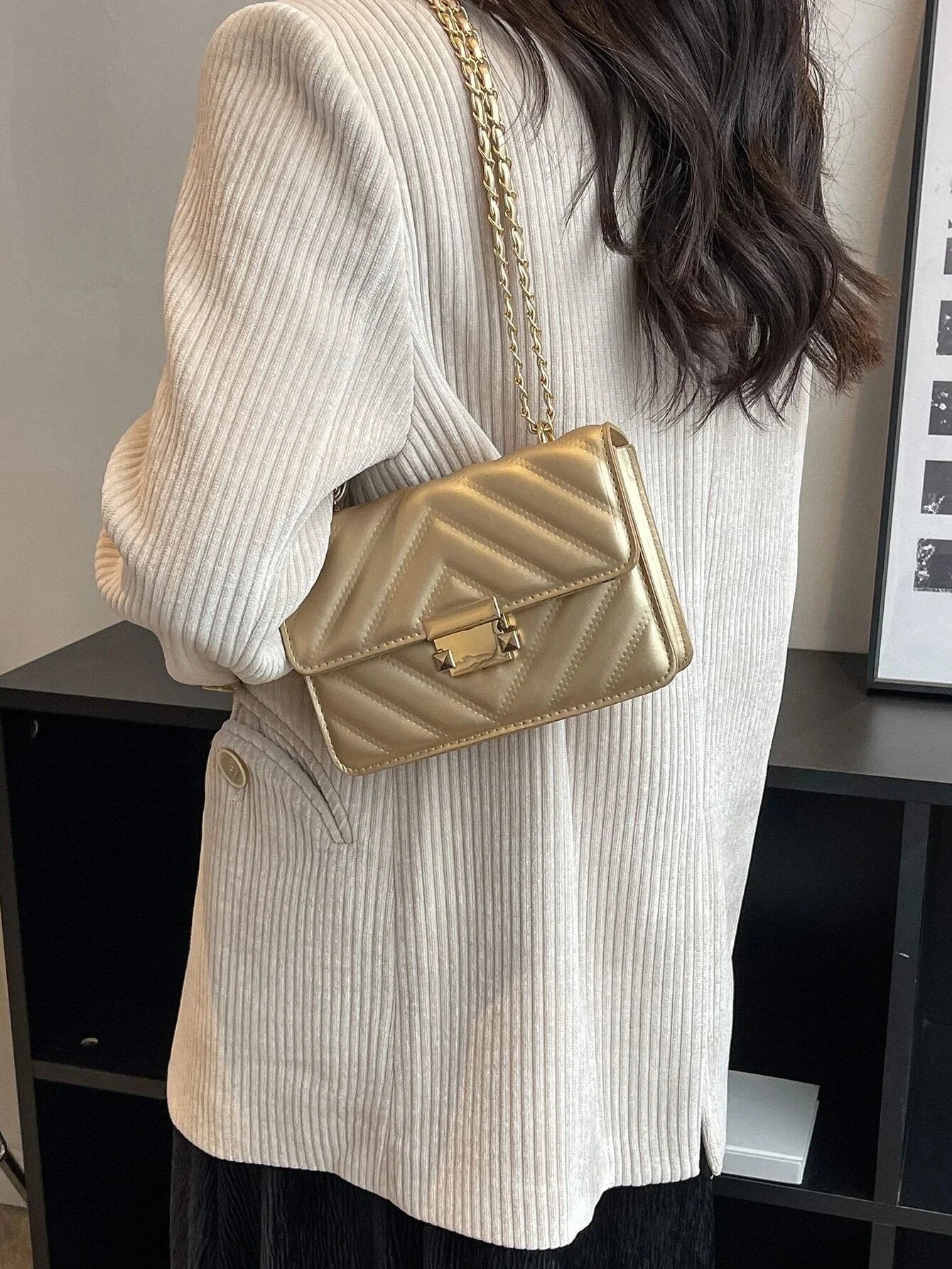 Buy SHEIN Mini Metallic Quilted Push Lock Flap Chain Square Bag in Pakistan