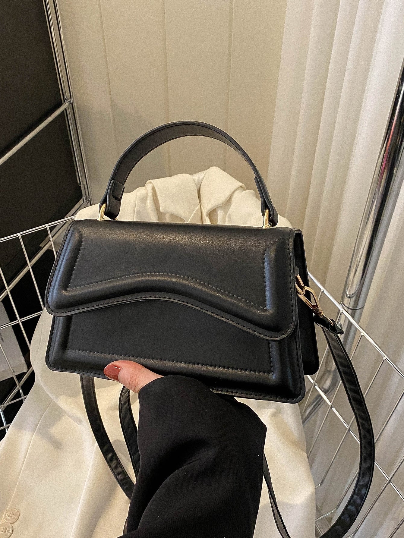 Buy SHEIN Mini Square Bag Solid Black Top Handle Flap Design in Pakistan