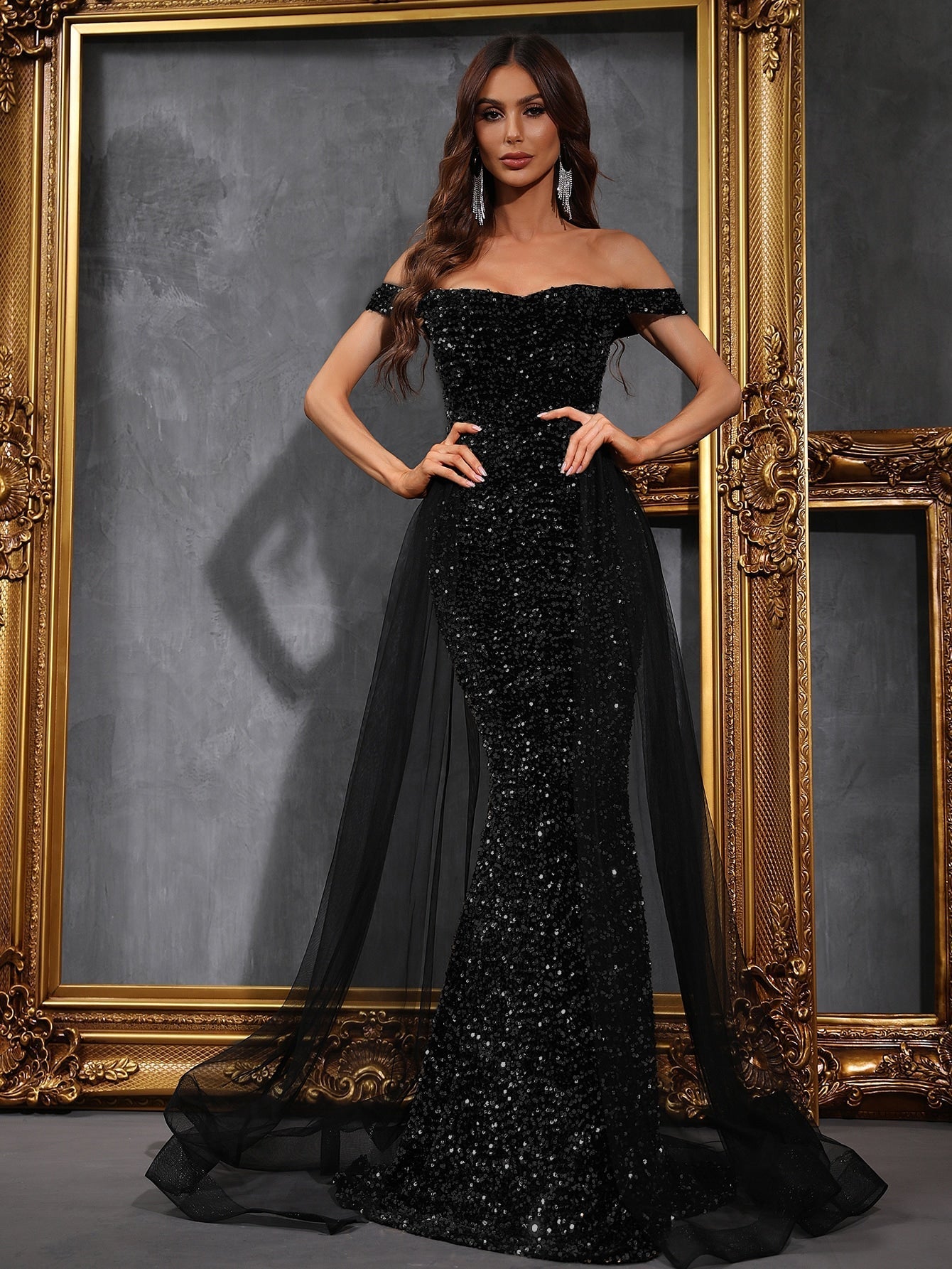 Buy SHEIN Off Shoulder Mesh Panel Sequin Prom Dress in Pakistan