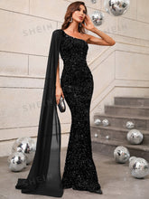 Buy SHEIN One Shoulder Contrast Mesh Cloak Sleeve Sequins Prom Dress in Pakistan