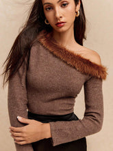 Buy Poéselle Women's Fashionable Fuzzy Patchwork Asymmetrical Collar T-Shirt in Pakistan