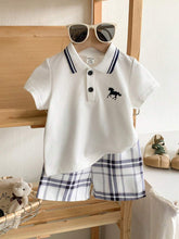 Buy SHEIN 2pcs Baby Boy Outfit Set: Short Sleeve Shirt With Collar And Plaid Pattern Pants, Fashionable And Suitable For All Occasions In Summer Boy Baby Clothes Boy Baby Clothes Summer in Pakistan