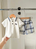 Buy SHEIN 2pcs Baby Boy Outfit Set: Short Sleeve Shirt With Collar And Plaid Pattern Pants, Fashionable And Suitable For All Occasions In Summer Boy Baby Clothes Boy Baby Clothes Summer in Pakistan