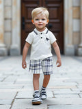 Buy SHEIN 2pcs Baby Boy Outfit Set: Short Sleeve Shirt With Collar And Plaid Pattern Pants, Fashionable And Suitable For All Occasions In Summer Boy Baby Clothes Boy Baby Clothes Summer in Pakistan