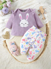 Buy SHEIN 2pcs Baby Girls' Minimalist Rabbit Print Long Sleeve Top And Pants Home Outfit in Pakistan