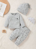 Buy SHEIN 3pcs Baby Boy Cartoon Bear Print Button-Front Shirt, Pants And Hat Casual Outfit Set in Pakistan