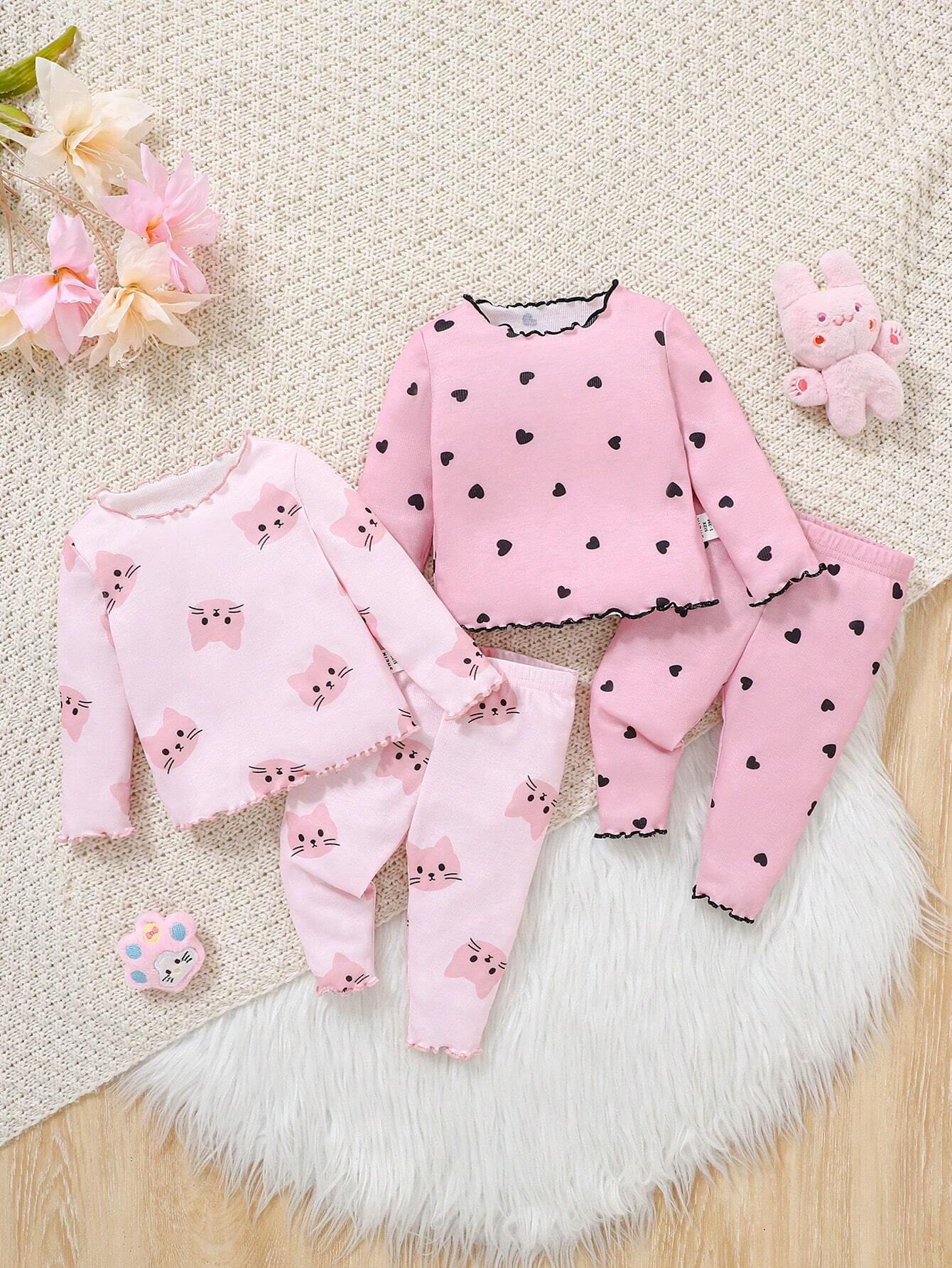 Buy SHEIN 4pcs/Set Newborn Baby Girl Cute Cartoon Print Knitted Elastic Long Sleeve Top And Elastic Waist Long Pants in Pakistan