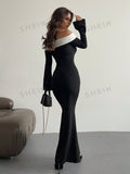 Buy SHEIN Aloruh Contrast Off Shoulder Bell Sleeve Bodycon Long Black Dress With Sleeves in Pakistan