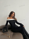 Buy SHEIN Aloruh Contrast Off Shoulder Bell Sleeve Bodycon Long Black Dress With Sleeves in Pakistan