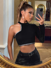 Buy SHEIN BAE Asymmetrical Neck Contrast Tape Crop Velvet Tee in Pakistan