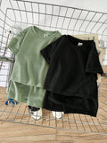 Buy SHEIN Baby Boy Baby Girl Solid Color Round Neck Oversized Sweater Top And Casual Shorts 4pcs/Set in Pakistan