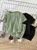 Buy SHEIN Baby Boy Baby Girl Solid Color Round Neck Oversized Sweater Top And Casual Shorts 4pcs/Set in Pakistan