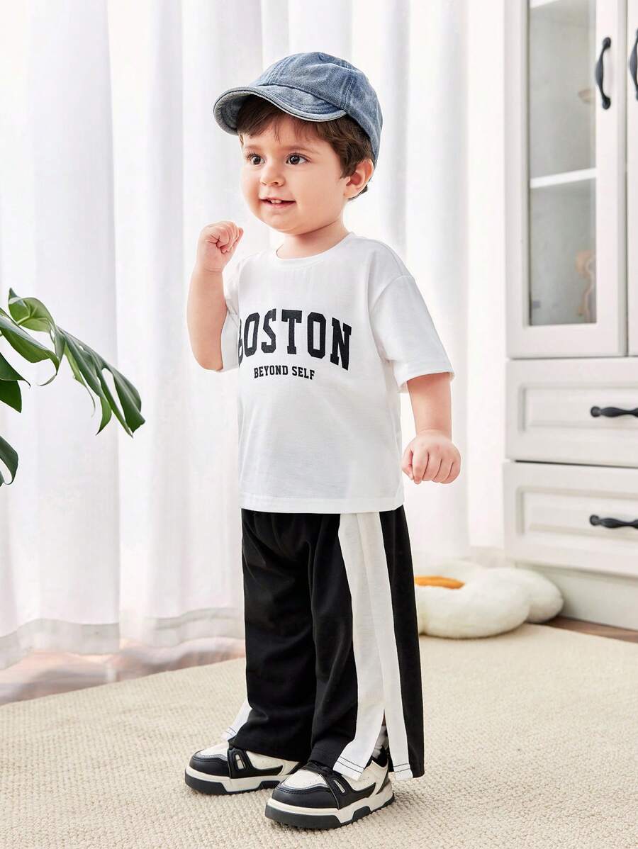 Buy SHEIN Baby Boy/Girl Casual Street Style Letter Print Short Sleeve Top Elastic Waist Color Block Pants Set in Pakistan