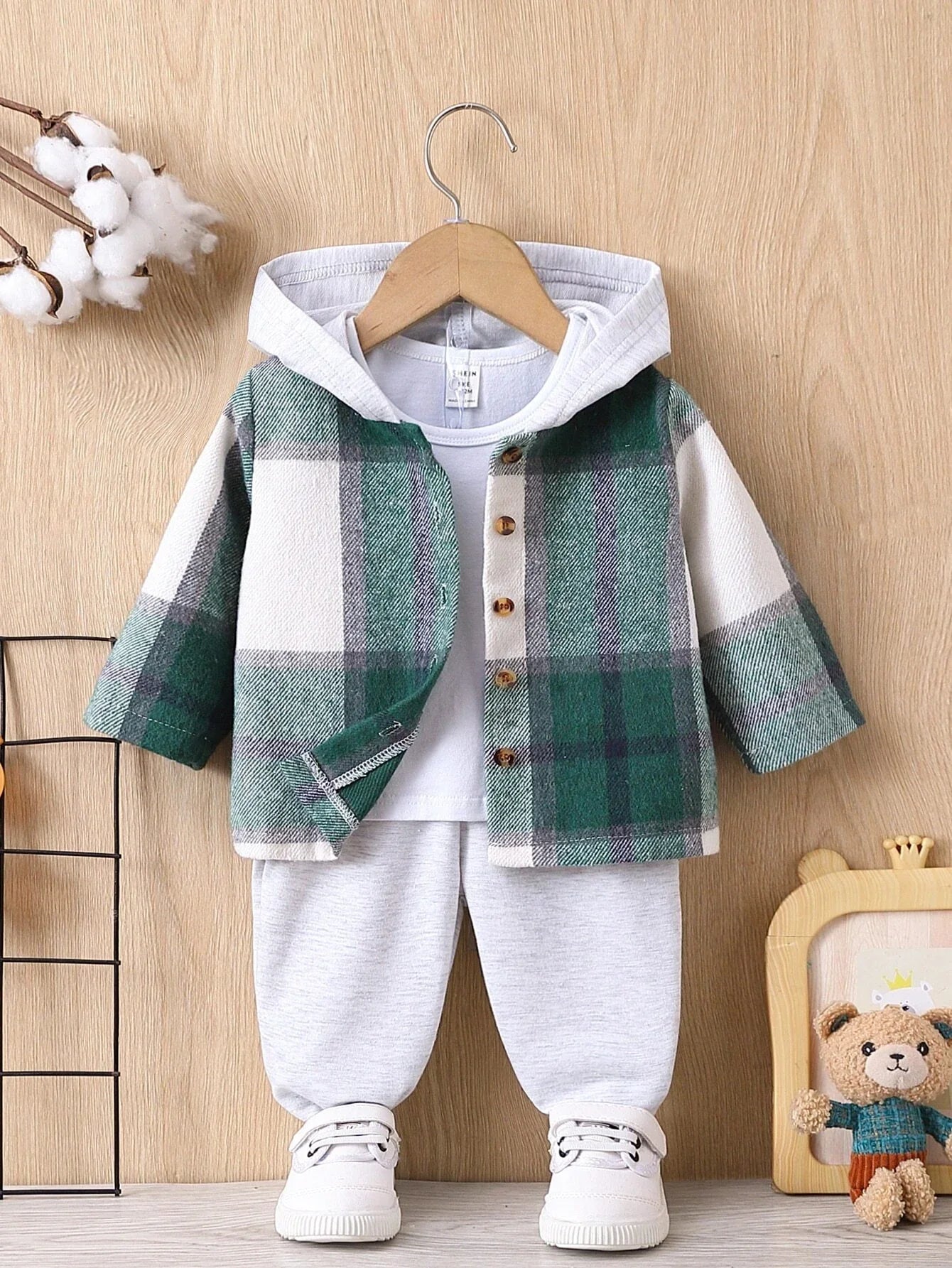 Buy SHEIN Baby Boy Plaid Print Hooded Shirt & Pants Without Tee, For Christmas in Pakistan