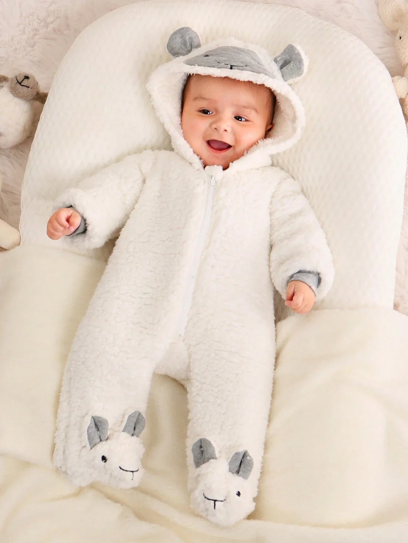 Buy SHEIN Baby Boys Cartoon Embroidery 3D Ears Design Hooded Teddy Sleep Jumpsuit in Pakistan