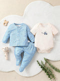 Buy SHEIN Baby Boys' Light Blue Car Printed Long Pants & Long Sleeve Bodysuit With Light Apricot Short Sleeve Bodysuit, 3pcs/Set Home Wear in Pakistan
