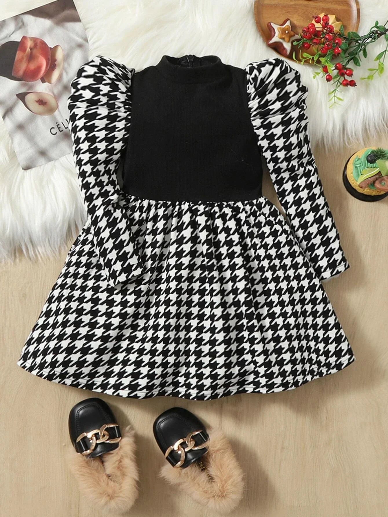 Buy SHEIN Baby Girl Houndstooth Puff Sleeve Dress in Pakistan