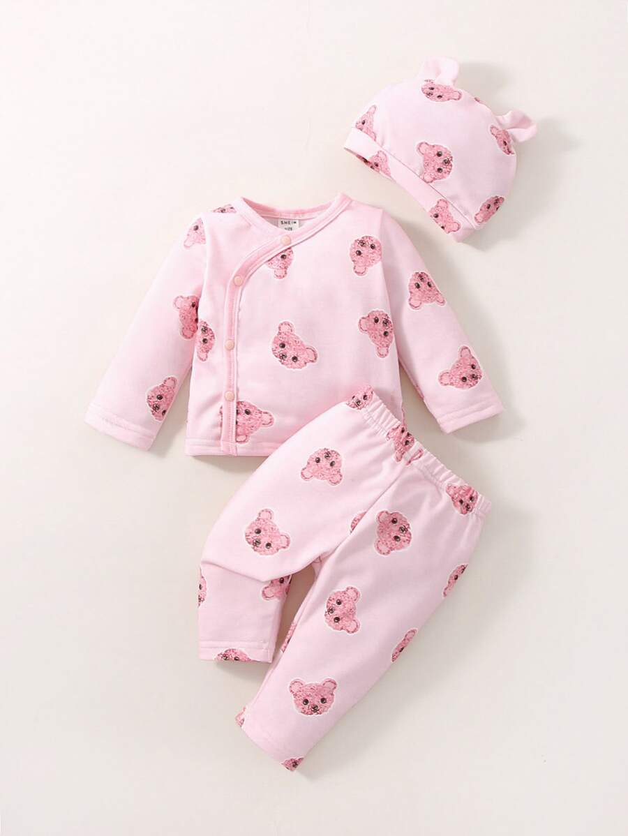 Buy SHEIN Baby Girl Newborn Cartoon Graphic Tee & Pants & Accessory 3D Ears Hat in Pakistan