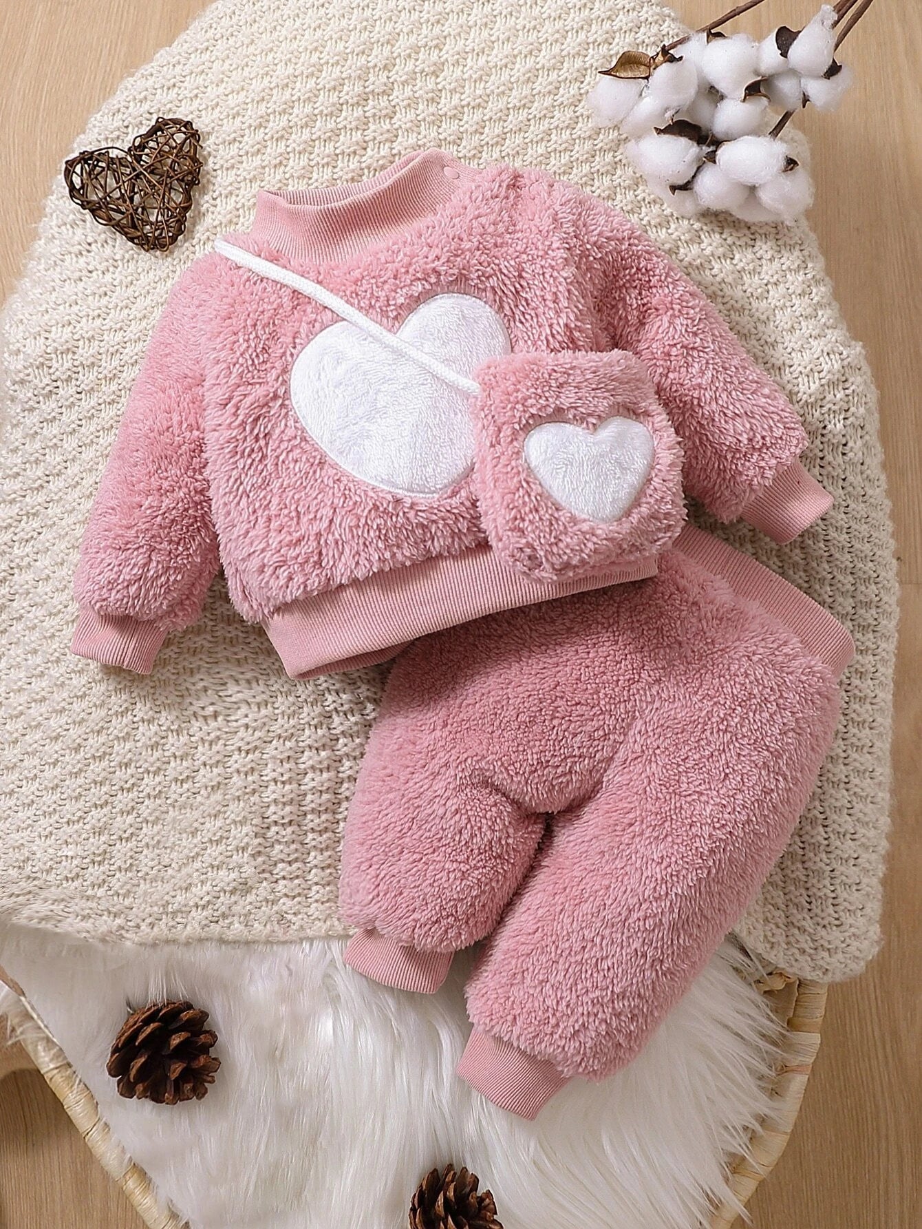 Buy SHEIN Baby Girl Newborn Heart Embroidery Teddy Pullover & Pants & Bag in Pakistan