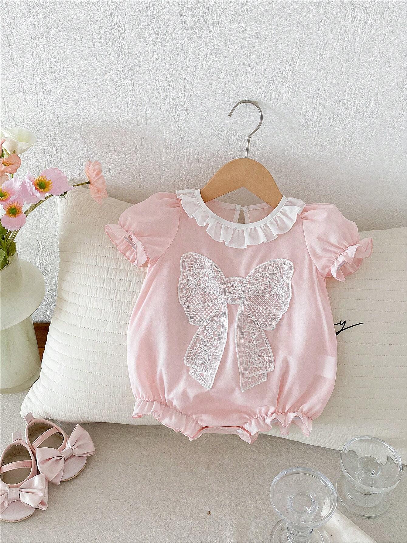 Buy SHEIN Baby Girl Pink Butterfly Bubble Sleeves Floral Lace Short Sleeve Romper in Pakistan