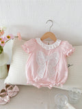 Buy SHEIN Baby Girl Pink Butterfly Bubble Sleeves Floral Lace Short Sleeve Romper in Pakistan