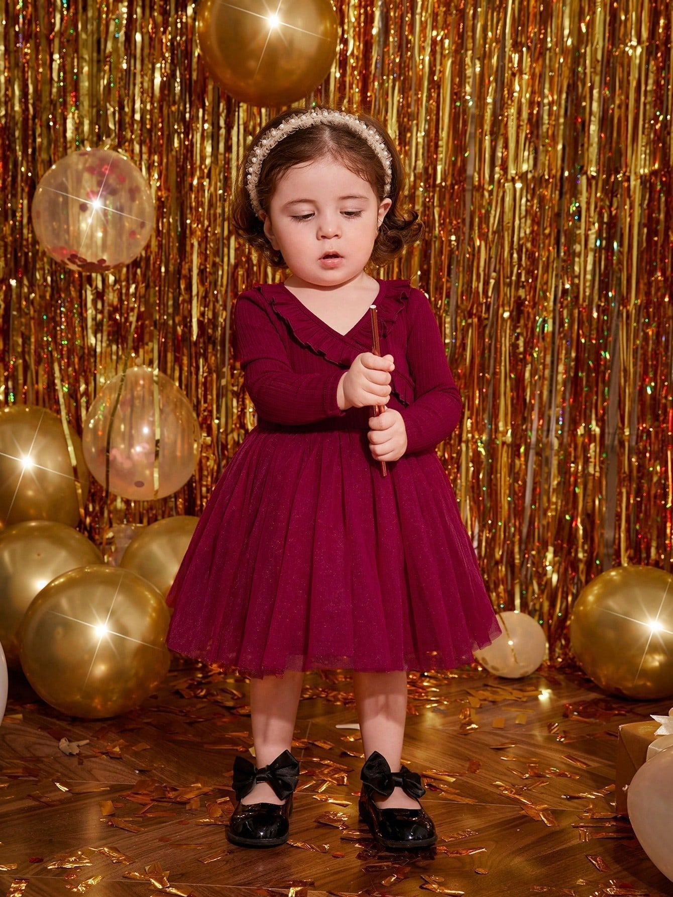 Buy SHEIN Baby Girl Romantic Knitted Mesh Patchwork Dress With Ruffle Hem, Long Sleeve in Pakistan