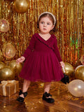 Buy SHEIN Baby Girl Romantic Knitted Mesh Patchwork Dress With Ruffle Hem, Long Sleeve in Pakistan