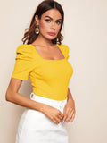 Buy SHEIN Clasi Puff Sleeve Rib-knit Solid Top in Pakistan