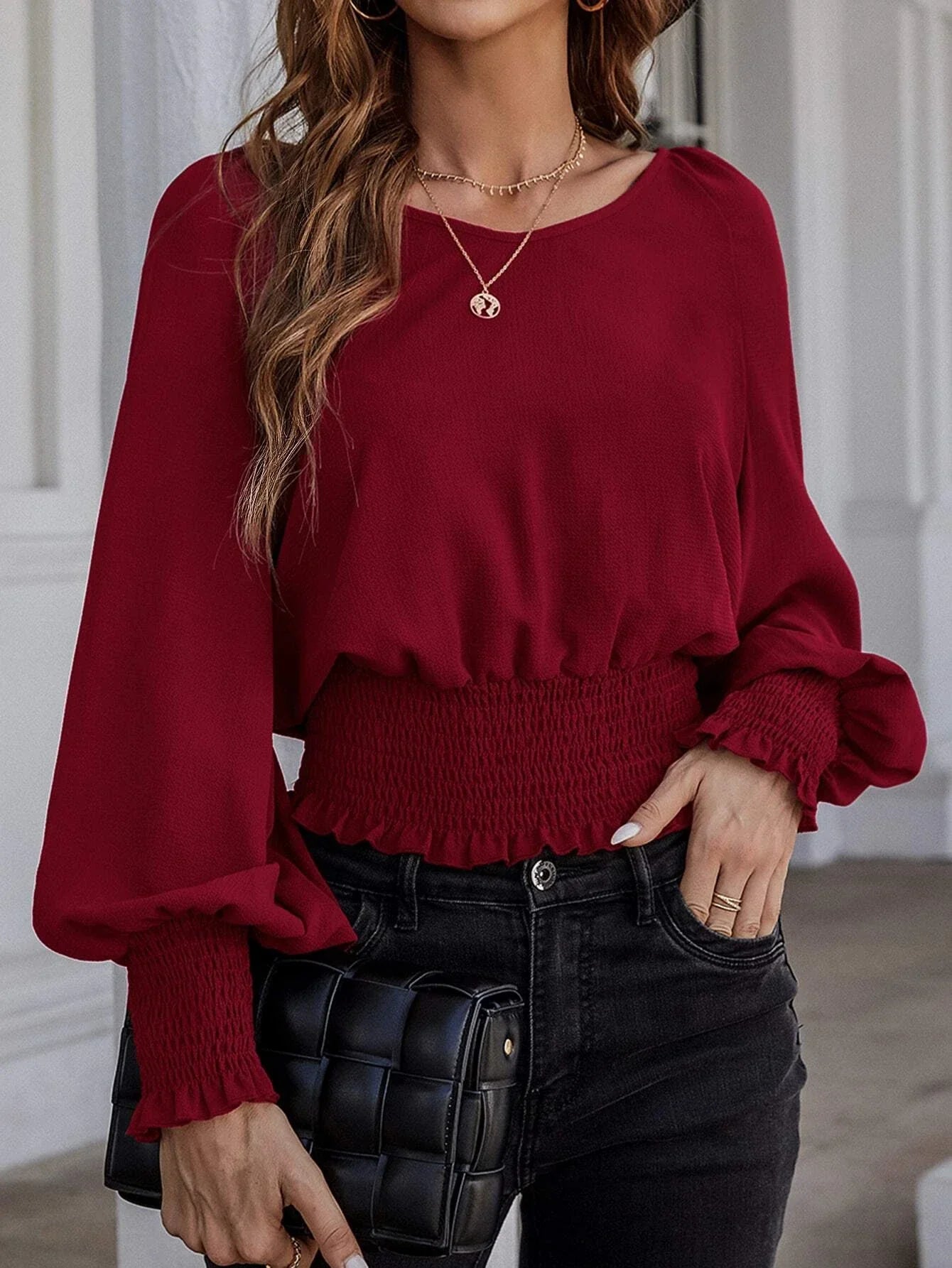 Buy SHEIN Clasi Solid Bishop Sleeve Shirred Blouse in Pakistan
