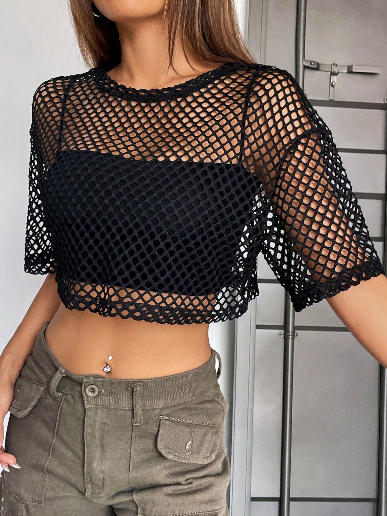 Buy SHEIN Coolane Hollow Out Drop Shoulder Crop Mesh Top Without Cami Top in Pakistan