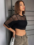 Buy SHEIN Coolane Hollow Out Drop Shoulder Crop Mesh Top Without Cami Top in Pakistan