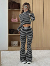 Buy SHEIN EZwear Black & White Striped Long Sleeve Turtleneck Top And Flared Pants Set in Pakistan